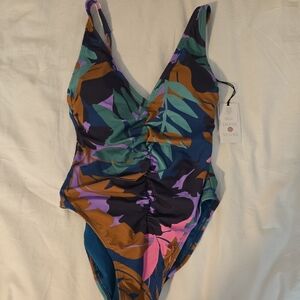 Shade & Shore Blue and Pink One Piece Swimsuit with Plunging V-Neckline
